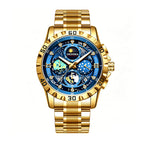 DEDIMA DDM507 Quartz Watch - Live Edition Men's Heavy Sport 45mm Domed Case Sun-Moon Phase Luminous Hands Day-Date Gold Steel Link Bracelet Wristwatch