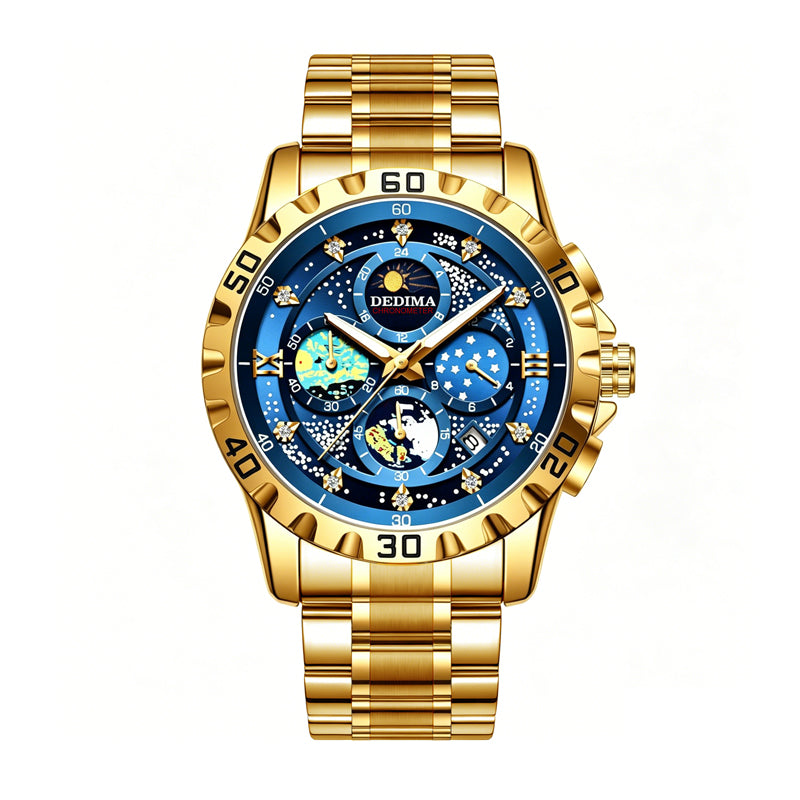 DEDIMA DDM507 Quartz Watch - Live Edition Men's Heavy Sport 45mm Domed Case Sun-Moon Phase Luminous Hands Day-Date Gold Steel Link Bracelet Wristwatch