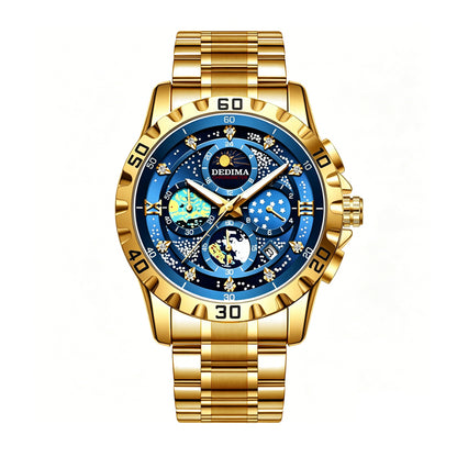 DEDIMA DDM507 Quartz Watch - Live Edition Men's Heavy Sport 45mm Domed Case Sun-Moon Phase Luminous Hands Day-Date Gold Steel Link Bracelet Wristwatch