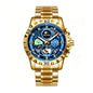 DEDIMA DDM507 Quartz Watch - Live Edition Men's Heavy Sport 45mm Domed Case Sun-Moon Phase Luminous Hands Day-Date Gold Steel Link Bracelet Wristwatch