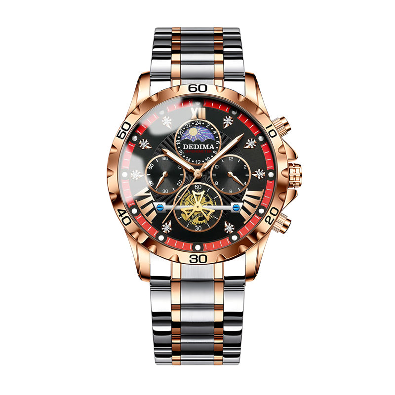 DEDIMA DDM508 Quartz Watch - Live Edition Men's Heavy Sport 45mm Domed Case Sun-Moon Phase Luminous Hands Steel Link Bracelet Wristwatch