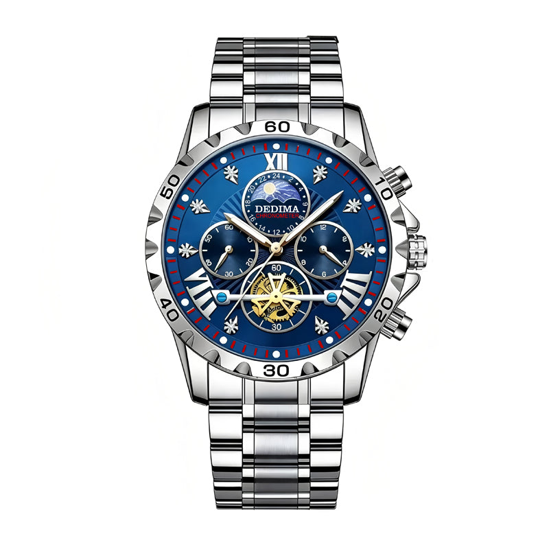 DEDIMA DDM508 Quartz Watch - Live Edition Men's Heavy Sport 45mm Domed Case Sun-Moon Phase Luminous Hands Steel Link Bracelet Wristwatch