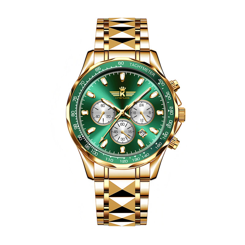 DEDIMA DDM813 Quartz Watch - Live Edition Men's Heavy Sport 44mm Chronograph Style Dial Luminous Hands Day Date 3D Pyramid Steel Bracelet Wristwatch