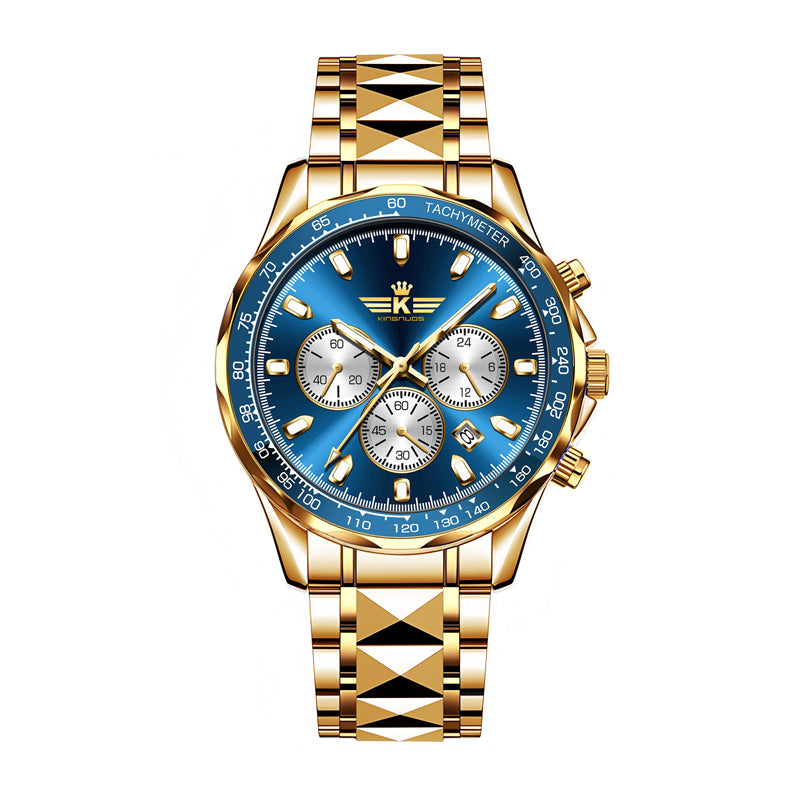 DEDIMA DDM813 Quartz Watch - Live Edition Men's Heavy Sport 44mm Chronograph Style Dial Luminous Hands Day Date 3D Pyramid Steel Bracelet Wristwatch
