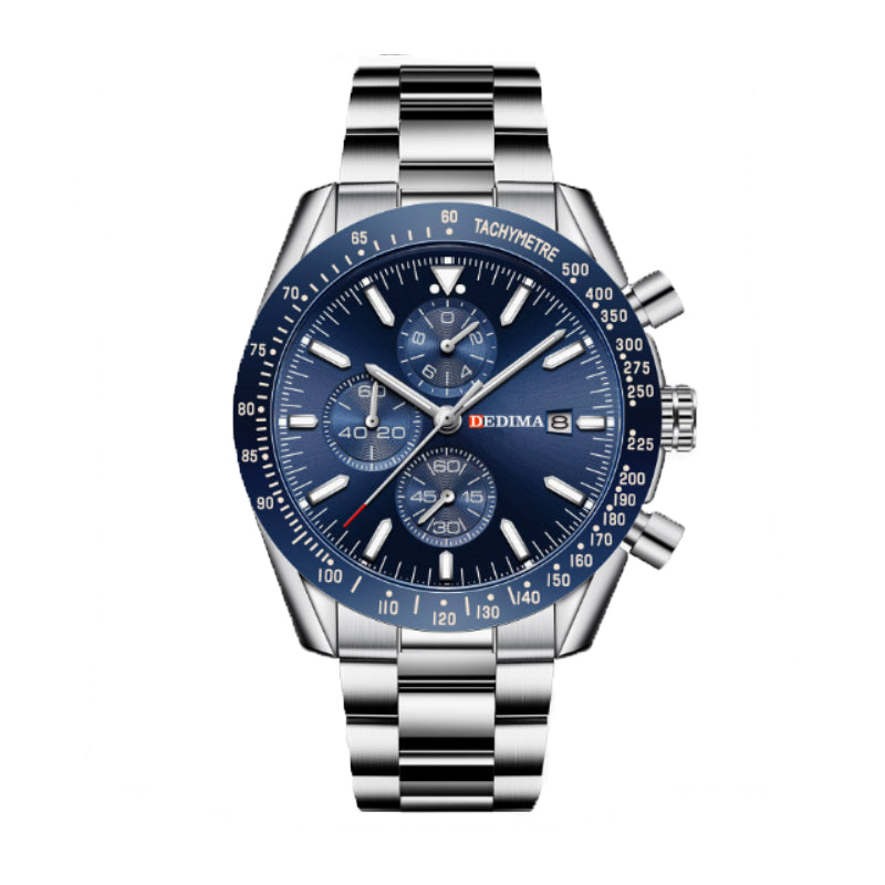 DEDIMA DDM929 Quartz Watch - Live Edition Men's Heavy Sport 44mm Domed Lens Tachymeter Bezel Chronograph Style Dial Luminous Hands Date Blue Steel Link Bracelet Wristwatch