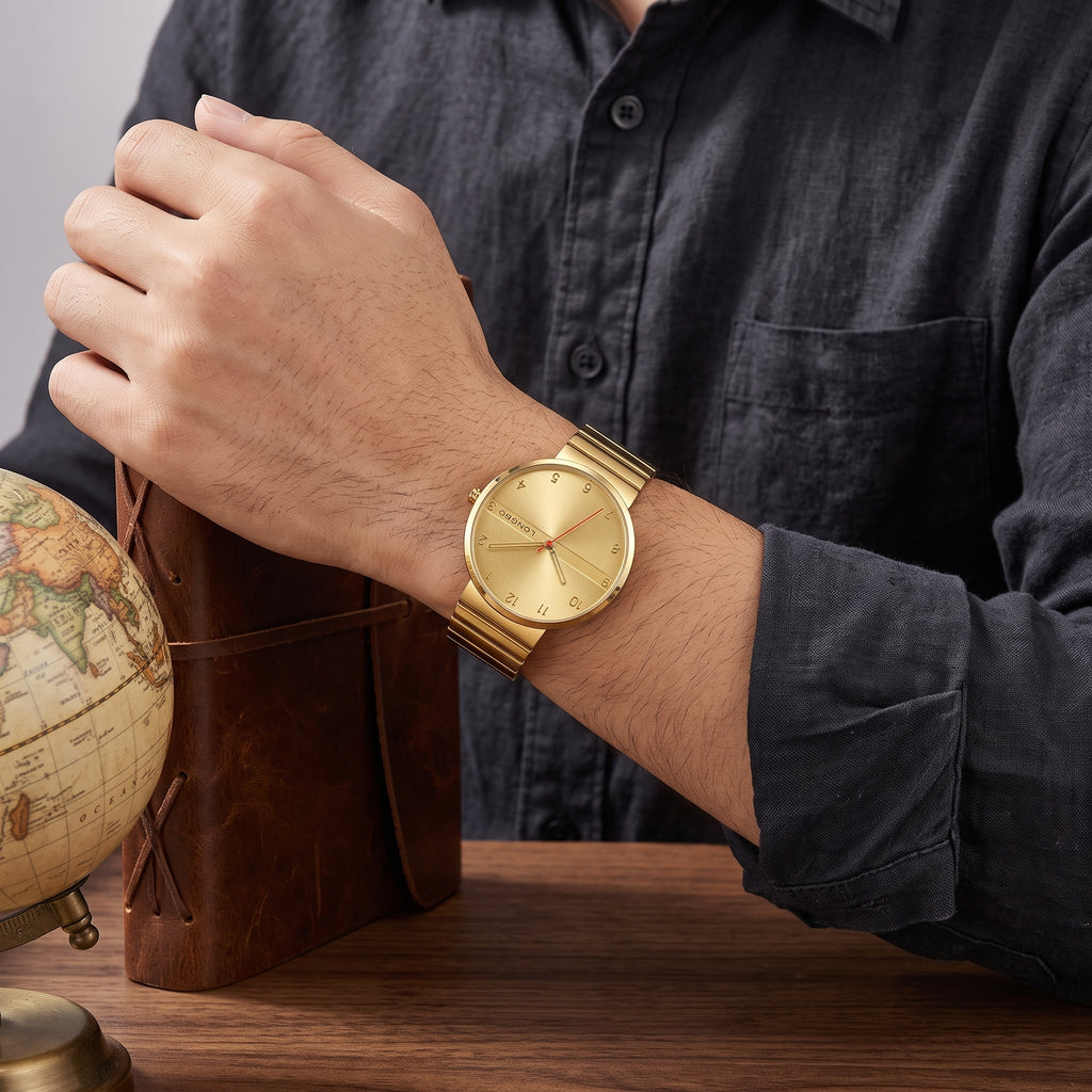 LONGBO LB80406 Live Edition Men's Ultra-Thin Minimalist Quartz Watch - 40mm Gold Case 8mm Slim Profile Sunray Gold Dial Metal Band Wristwatch