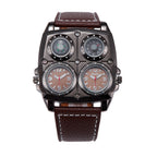 Oulm HP1140 Quartz Watch - Live Edition Men's Heavy Steampunk Dual Time Zone Industrial Black Case Luminous Hands Compass Wide Leather Strap Tactical Wristwatch