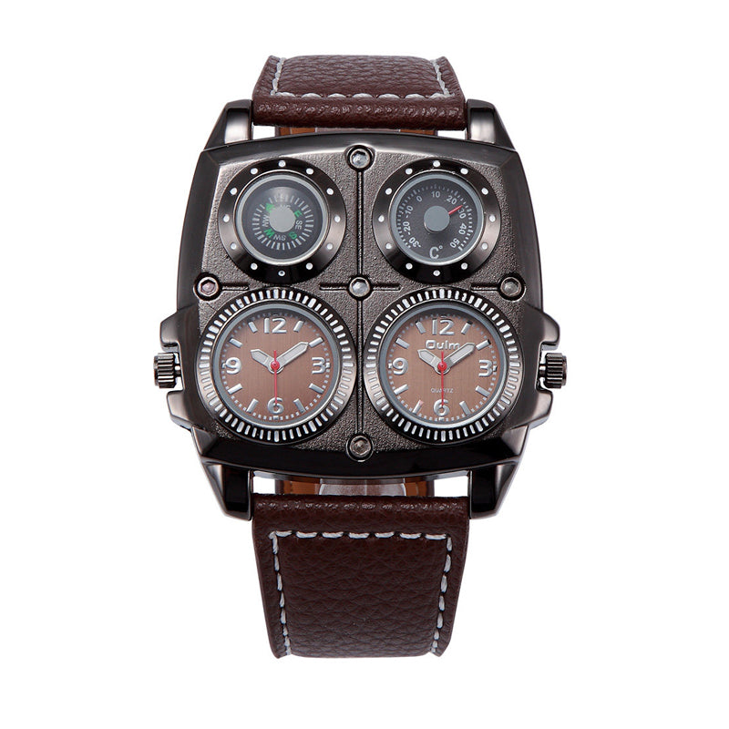 Oulm HP1140 Quartz Watch - Live Edition Men's Heavy Steampunk Dual Time Zone Industrial Black Case Luminous Hands Compass Wide Leather Strap Tactical Wristwatch