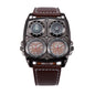 Oulm HP1140 Quartz Watch - Live Edition Men's Heavy Steampunk Dual Time Zone Industrial Black Case Luminous Hands Compass Wide Leather Strap Tactical Wristwatch