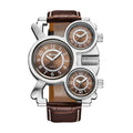 Oulm HP1167 Quartz Watch - Live Edition Men's Heavy Steampunk Triple Time Zone Industrial Silver Case Luminous Hands Leather Strap Tactical Wristwatch
