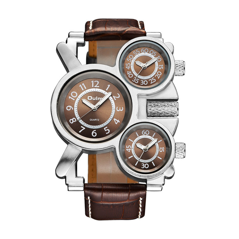 Oulm HP1167 Quartz Watch - Live Edition Men's Heavy Steampunk Triple Time Zone Industrial Silver Case Luminous Hands Leather Strap Tactical Wristwatch