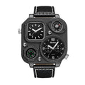 Oulm HP1169 Quartz Watch - Live Edition Men's Heavy Steampunk Dual Time Zone Industrial Black Case Luminous Hands Compass Leather Strap Tactical Wristwatch