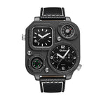 Oulm HP1169 Quartz Watch - Live Edition Men's Heavy Steampunk Dual Time Zone Industrial Black Case Luminous Hands Compass Leather Strap Tactical Wristwatch