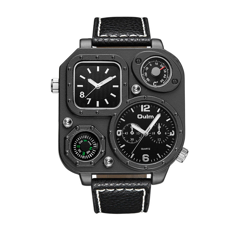 Oulm HP1169 Quartz Watch - Live Edition Men's Heavy Steampunk Dual Time Zone Industrial Black Case Luminous Hands Compass Leather Strap Tactical Wristwatch