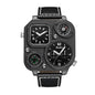 Oulm HP1169 Quartz Watch - Live Edition Men's Heavy Steampunk Dual Time Zone Industrial Black Case Luminous Hands Compass Leather Strap Tactical Wristwatch