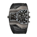 Oulm HP1220 Quartz Watch - Live Edition Men's Steampunk Dual Time Zone Asymmetrical IPB Black Case 44mm Wide PU Leather Cuff Band Wristwatch