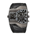 Oulm HP1220 Quartz Watch - Live Edition Men's Steampunk Dual Time Zone Asymmetrical IPB Black Case 44mm Wide PU Leather Cuff Band Wristwatch