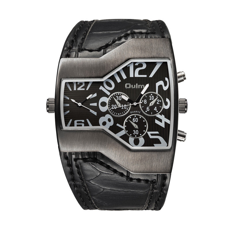 Oulm HP1220 Quartz Watch - Live Edition Men's Steampunk Dual Time Zone Asymmetrical IPB Black Case 44mm Wide PU Leather Cuff Band Wristwatch