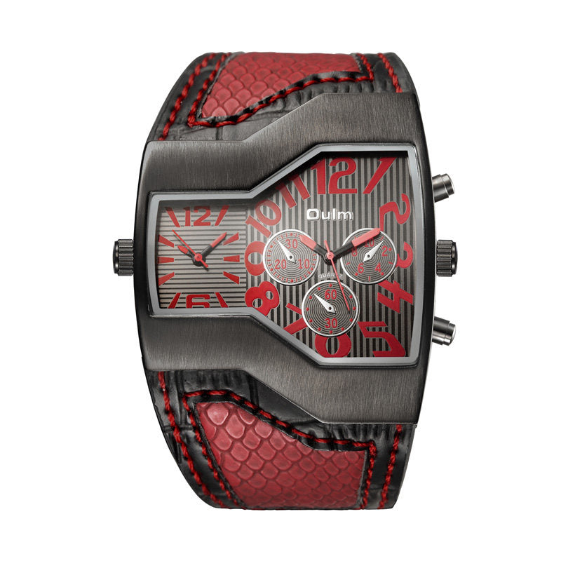 Oulm HP1220 Quartz Watch - Live Edition Men's Steampunk Dual Time Zone Asymmetrical IPB Black Case 44mm Wide PU Leather Cuff Band Wristwatch