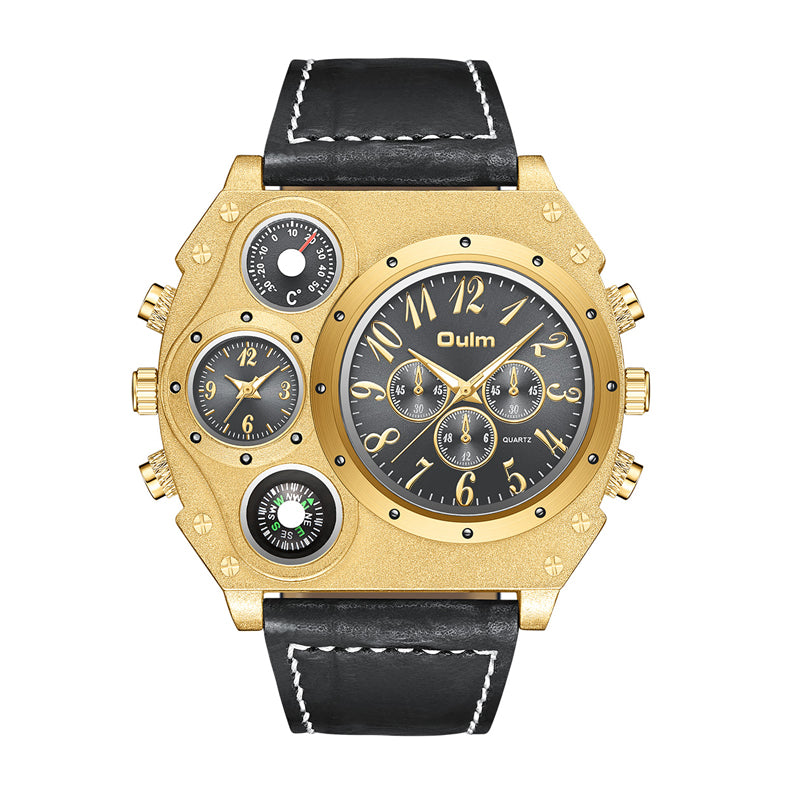 Oulm HP1349 Quartz Watch - Live Edition Men's Heavy Steampunk Dual Time Zone Industrial Matte Case Luminous Hands Compass Wide Leather Strap Tactical Wristwatch
