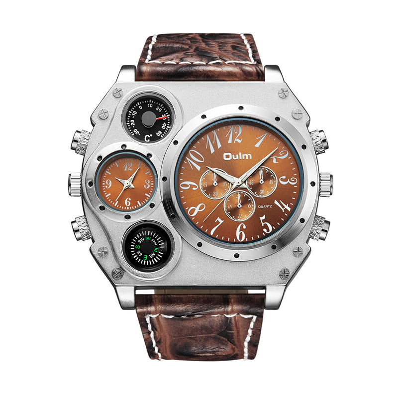 Oulm HP1349 Quartz Watch - Live Edition Men's Heavy Steampunk Dual Time Zone Industrial Matte Case Luminous Hands Compass Wide Leather Strap Tactical Wristwatch