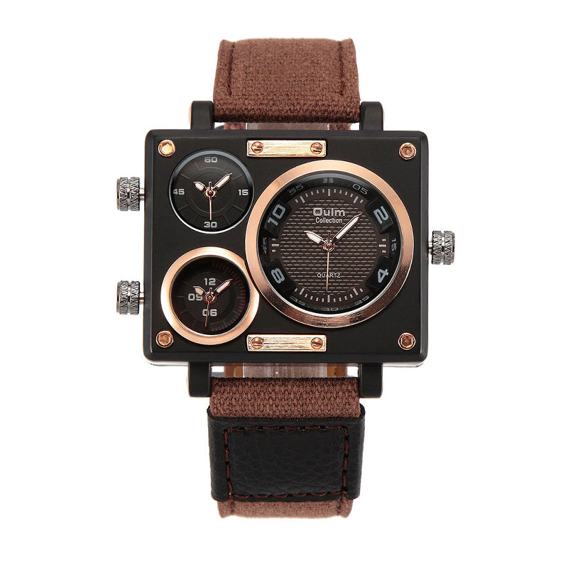 Oulm HP3595 Live Edition Men's Tactical Watch - Cyberpunk Multi Time Zone Triple Movement Rectangle Armor Case Wide Canvas Strap Sport Wristwatch