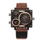 Oulm HP3595 Live Edition Men's Tactical Watch - Cyberpunk Multi Time Zone Triple Movement Rectangle Armor Case Wide Canvas Strap Sport Wristwatch