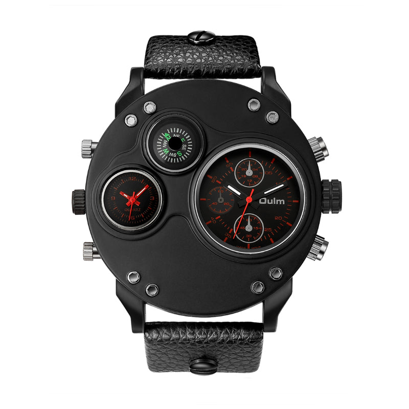 Oulm HP3741 Live Edition Men's Tactical Watch - Cyberpunk Multi Time Zone Dual Movement Oversized Round Armor Case with Built-in Compass Sport Wristwatch