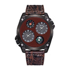 Oulm HP9139 Quartz Watch - Live Edition Men's Heavy Steampunk Dual Time Zone Industrial Black Case Luminous Hands Compass Leather Strap Tactical Wristwatch
