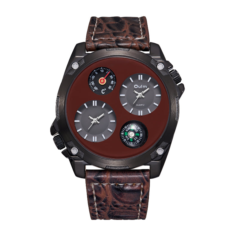 Oulm HP9139 Quartz Watch - Live Edition Men's Heavy Steampunk Dual Time Zone Industrial Black Case Luminous Hands Compass Leather Strap Tactical Wristwatch