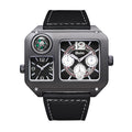 Oulm HP9150 Quartz Watch - Live Edition Men's Heavy Steampunk Dual Time Zone Industrial Black Case Luminous Hands Compass Wide Leather Strap Tactical Wristwatch