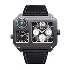 Oulm HP9150 Quartz Watch - Live Edition Men's Heavy Steampunk Dual Time Zone Industrial Black Case Luminous Hands Compass Wide Leather Strap Tactical Wristwatch