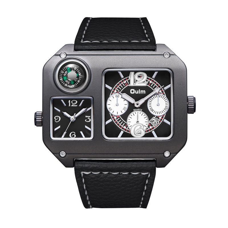 Oulm HP9150 Quartz Watch - Live Edition Men's Heavy Steampunk Dual Time Zone Industrial Black Case Luminous Hands Compass Wide Leather Strap Tactical Wristwatch