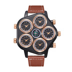Oulm HP9153 Live Edition Men's Tactical Watch - Cyberpunk Multi Time Zone 5-Movement Armor Case with Centered Compass Sport Leather Strap Wristwatch