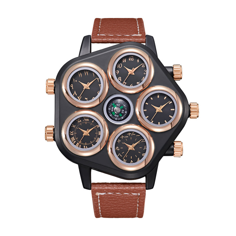 Oulm HP9153 Live Edition Men's Tactical Watch - Cyberpunk Multi Time Zone 5-Movement Armor Case with Centered Compass Sport Leather Strap Wristwatch