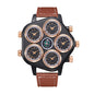 Oulm HP9153 Live Edition Men's Tactical Watch - Cyberpunk Multi Time Zone 5-Movement Armor Case with Centered Compass Sport Leather Strap Wristwatch