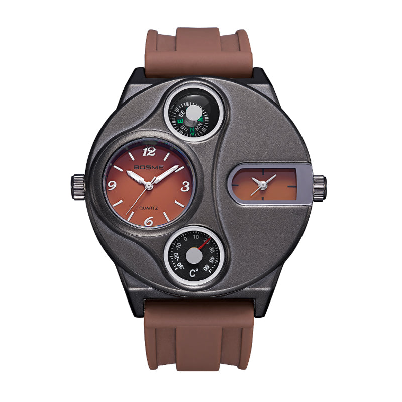 BOSME HP9167 Quartz Watch - Live Edition Men's Heavy Steampunk Dual Time Zone Industrial Black Case Luminous Hands Compass Silicone Strap Tactical Wristwatch