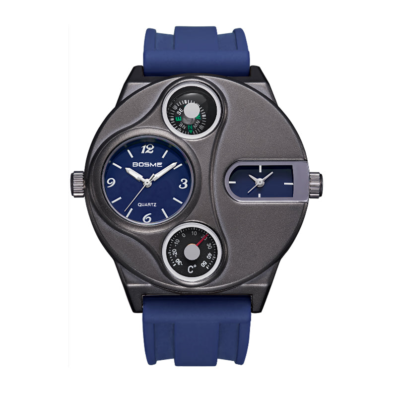 BOSME HP9167 Quartz Watch - Live Edition Men's Heavy Steampunk Dual Time Zone Industrial Black Case Luminous Hands Compass Silicone Strap Tactical Wristwatch