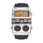 Oulm HP9525 Live Edition Men's Cyberpunk Watch - Tactical Multi Time Zone Triple Movement Steampunk Folding Case Wide Leather Strap Sport Wristwatch