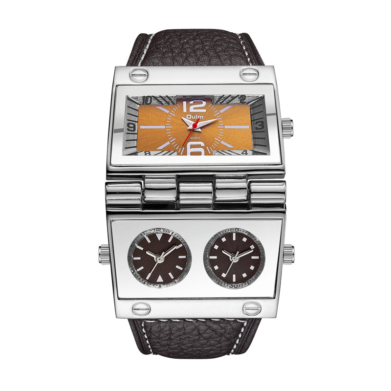 Oulm HP9525 Live Edition Men's Cyberpunk Watch - Tactical Multi Time Zone Triple Movement Steampunk Folding Case Wide Leather Strap Sport Wristwatch
