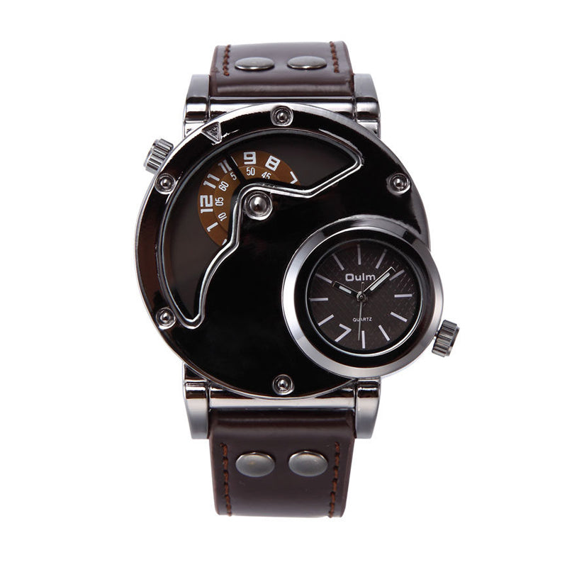Oulm HP9591 Quartz Watch - Live Edition Men's Heavy Steampunk Dual Time Zone Industrial Black Case Luminous Hands Wide Leather Strap Tactical Wristwatch