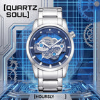 HOURSLY HY9111 Live Edition Men's Mechanical Skeleton Style Quartz Watch - 43mm Silver Case Offset Crown Blue Dial Stainless Steel Wristwatch