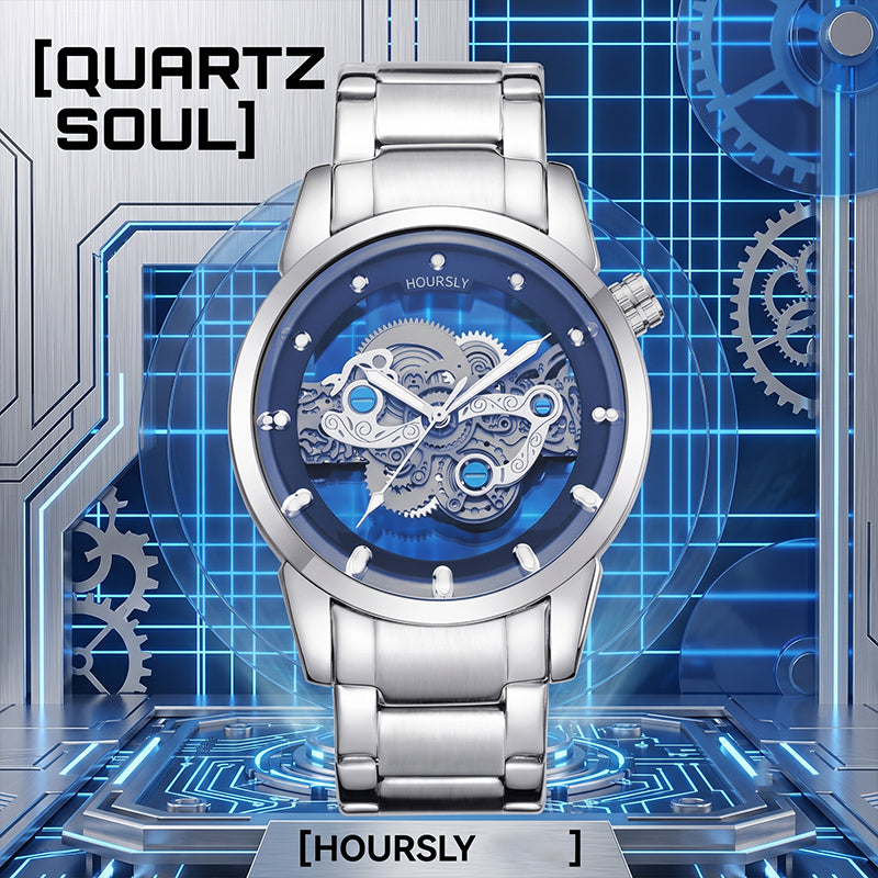 HOURSLY HY9111 Live Edition Men's Mechanical Skeleton Style Quartz Watch - 43mm Silver Case Offset Crown Blue Dial Stainless Steel Wristwatch