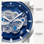 HOURSLY HY9111 Live Edition Men's Mechanical Skeleton Style Quartz Watch - 43mm Silver Case Offset Crown Blue Dial Stainless Steel Wristwatch