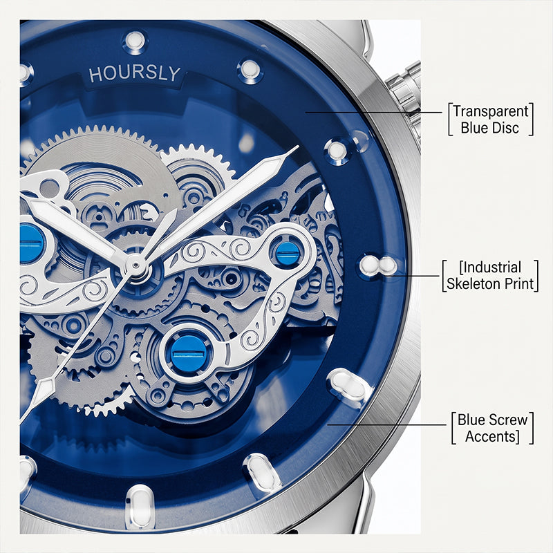HOURSLY HY9111 Live Edition Men's Mechanical Skeleton Style Quartz Watch - 43mm Silver Case Offset Crown Blue Dial Stainless Steel Wristwatch