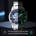 HOURSLY HY9111 Live Edition Men's Mechanical Skeleton Style Quartz Watch - 43mm Silver Case Offset Crown Blue Dial Stainless Steel Wristwatch