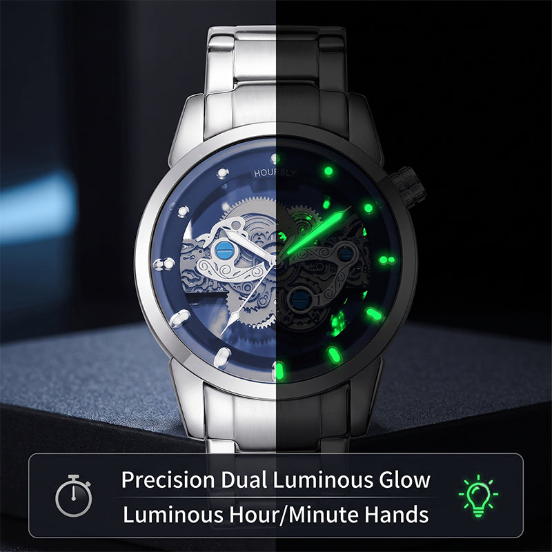 HOURSLY HY9111 Live Edition Men's Mechanical Skeleton Style Quartz Watch - 43mm Silver Case Offset Crown Blue Dial Stainless Steel Wristwatch