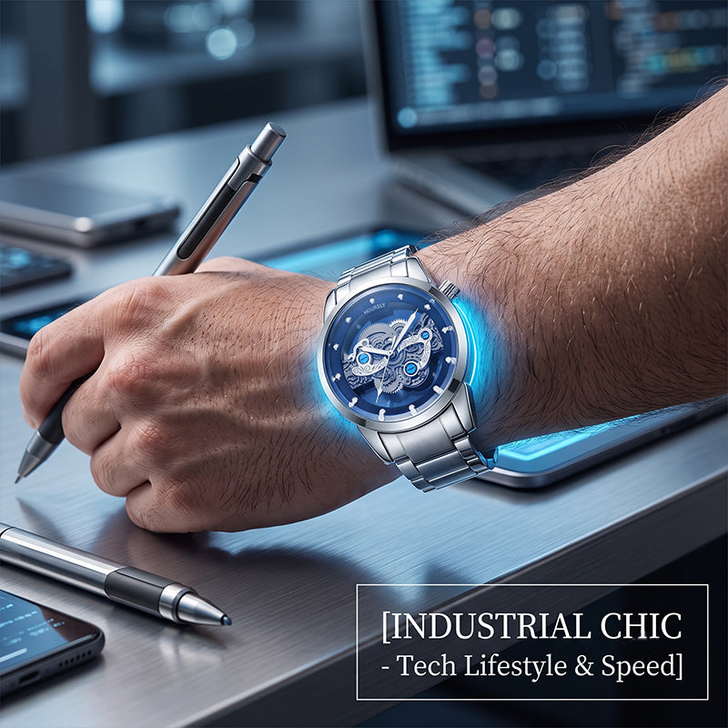 HOURSLY HY9111 Live Edition Men's Mechanical Skeleton Style Quartz Watch - 43mm Silver Case Offset Crown Blue Dial Stainless Steel Wristwatch