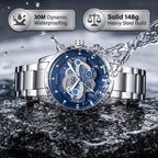 HOURSLY HY9111 Live Edition Men's Mechanical Skeleton Style Quartz Watch - 43mm Silver Case Offset Crown Blue Dial Stainless Steel Wristwatch