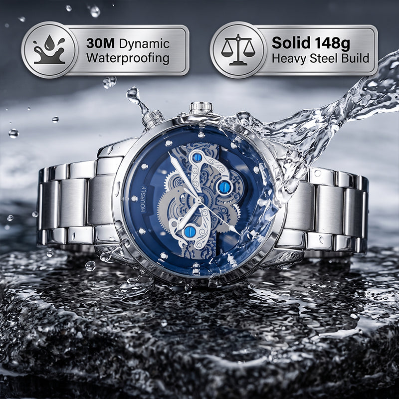 HOURSLY HY9111 Live Edition Men's Mechanical Skeleton Style Quartz Watch - 43mm Silver Case Offset Crown Blue Dial Stainless Steel Wristwatch
